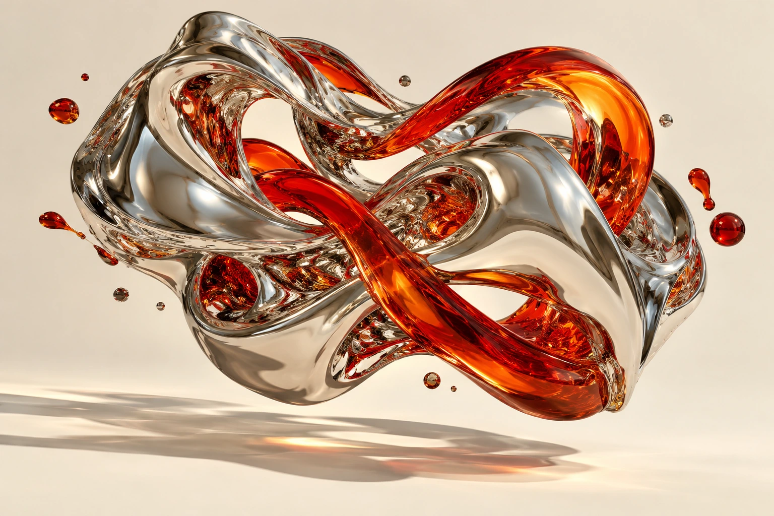 Escultura de metal líquido con una cinta naranja atravesando sus pliegues.