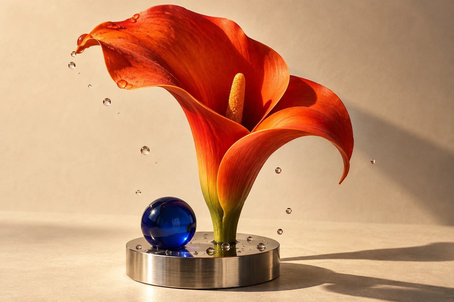 Flor naranja escultórica con una esfera azul sobre una base cromada.